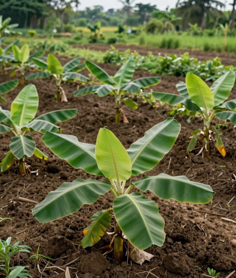 Close-up of rich, dark soil sprinkled with natural fertilizer granules beside vibrant green seedlings.