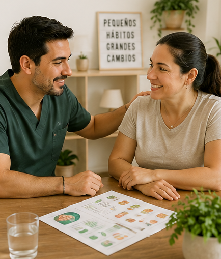 Nutriólogo infundiéndole ánimos a su paciente para que continúe logrando sus objetivos 