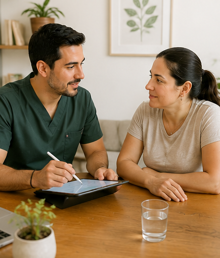 Mujer de 40 años tomando consulta de nutrición personalizada presencial para tratar dislipidemia