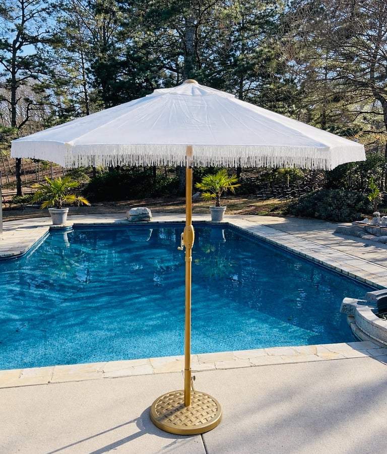 Luxury picnic white fringe umbrella by the pool North Georgia special occasions Gathered Grace