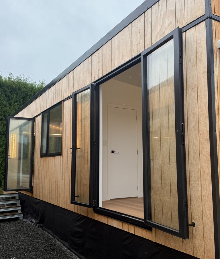 large, open doors on tiny home