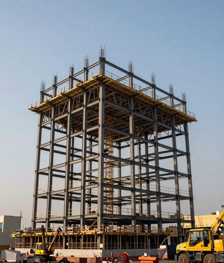 Wide environmental shot of an active construction site in Lima, structural steel framework rising against a clear afternoon sky, heavy equipment visible at base, no workers posed, scale and order emphasized