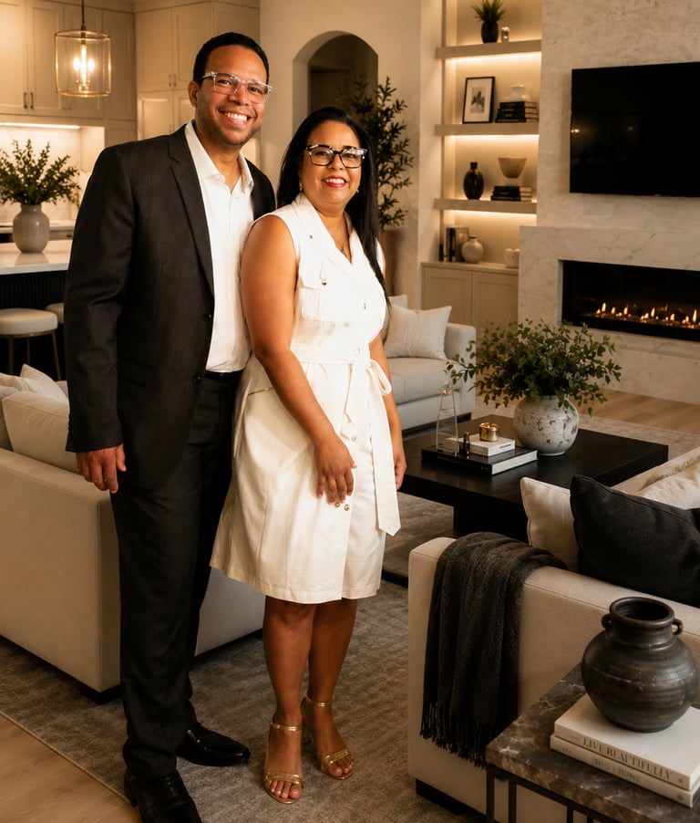 Alex and Karleen Asencio couple posing in a modern luxury living room with a fireplace.