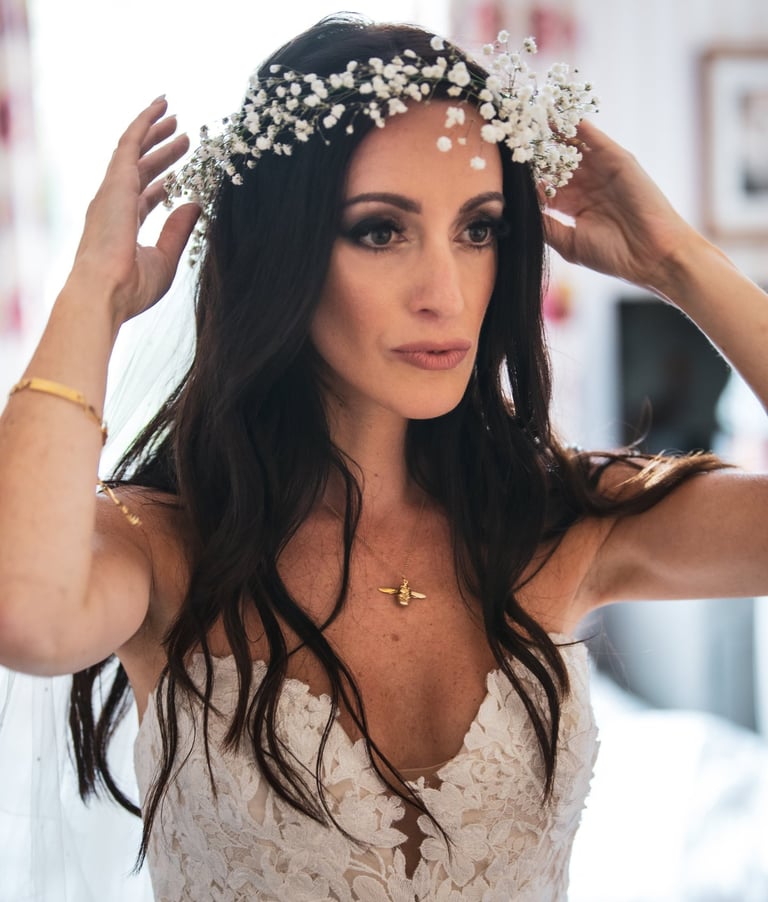 A bride in a wedding dress in full hair & makeup