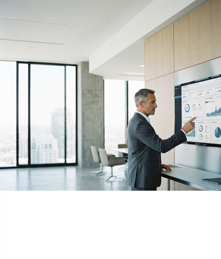 Modern architectural office space, clean lines, high-end analytical dashboard on a large monitor, bright natural daylight, cool desaturated tones, sharp focus, editorial 35mm. A professional executive interacts with technology on the right side, generous negative space on the left.