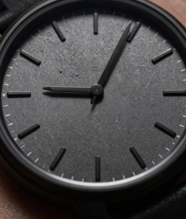 Extreme macro close-up of a matte charcoal watch face without numbers, harsh high-contrast directional spotlighting casting deep shadows, worn on a wrist against a raw architectural concrete wall backdrop