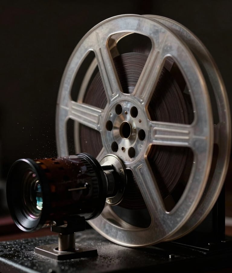 Macro close-up of a vintage 35mm film reel being fed into an optical scanner, high-contrast chiaroscuro lighting, dust particles catching light, deep shadows, cinematic film photography