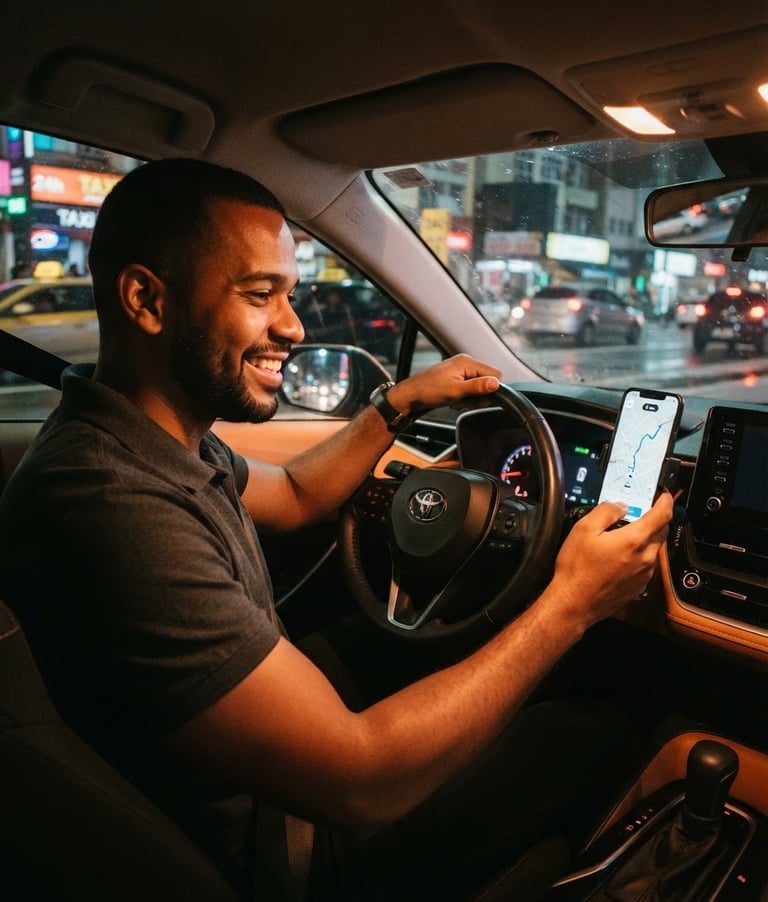 Motorista de aplicativo sorrindo, dentro de um carro moderno em São Paulo, utilizando um smartphone com aplicativo de corrida aberto, luz dourada do painel, reflexos urbanos.