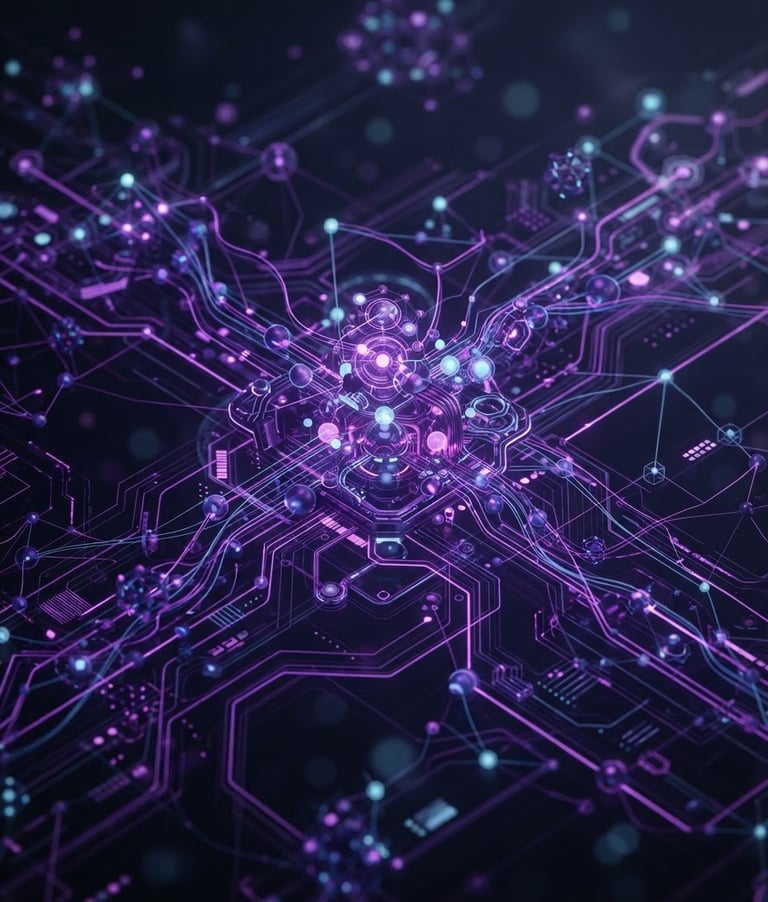 Abstract 3D nodes and glowing vector connection lines, deep purple neon accents, dark background, clean interface details, shallow depth of field, isometric diagram, structural layout.