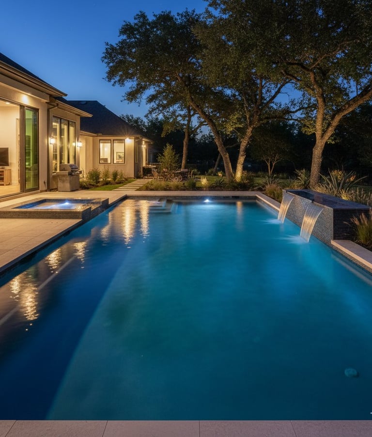 Well-lit residential pool at night in Central Texas following professional pool light repair and electrical inspection