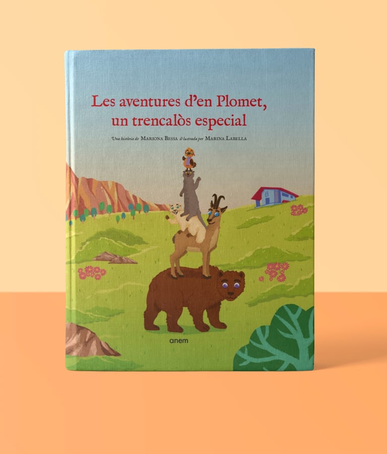 Catalan children's book cover featuring animals stacked on a bear in a mountain landscape.