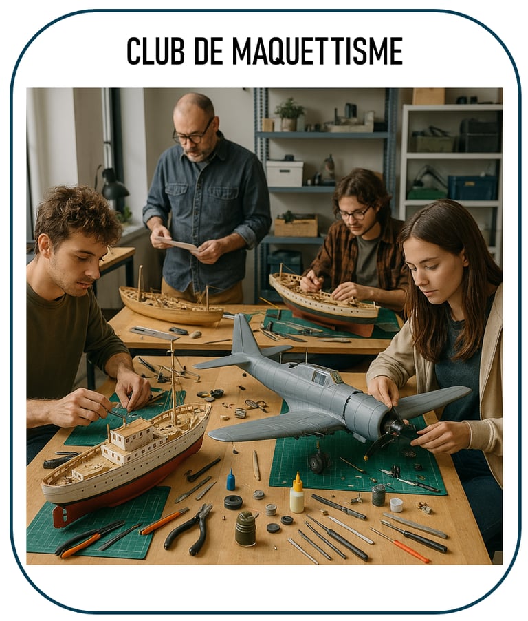 Photo illustrant un club de maquettisme : des jeunes ou adultes autour de tables, construisant des m