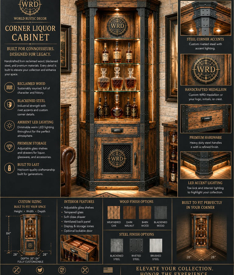 Rustic industrial corner liquor cabinet crafted from reclaimed wood and blackened steel with LED accent lighting.