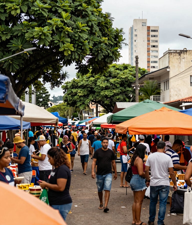 Vista panorâmica de uma feira livre movimentada em Curitiba, com diversas barracas e pessoas interagindo, sob um céu nublado, focando na comunidade e na energia local, com tons de verde e laranja.