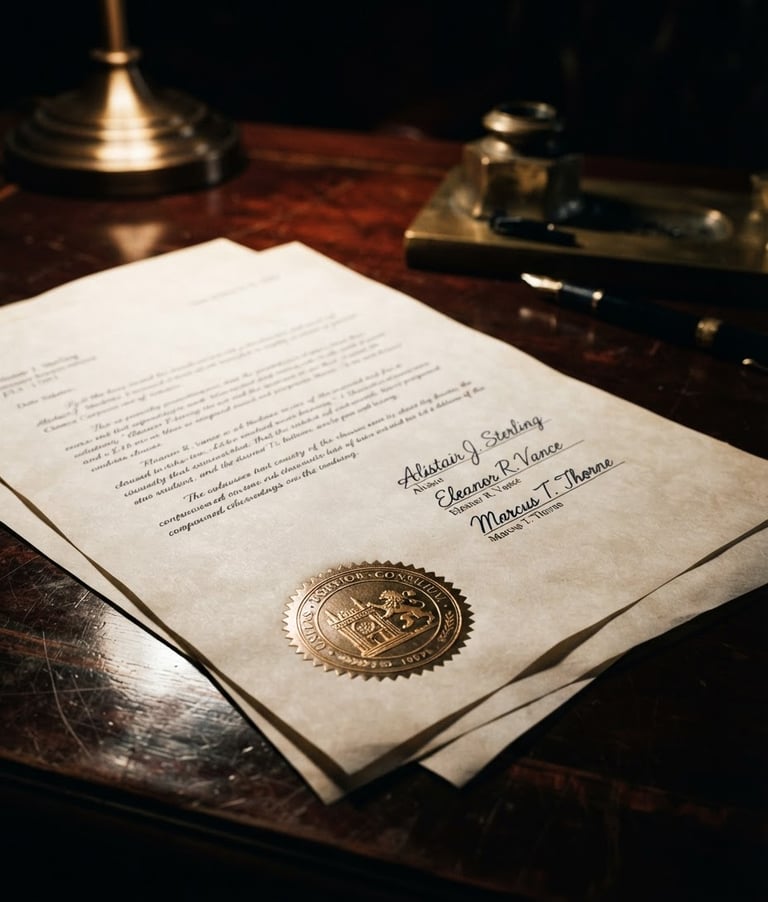 Sharp close-up of signed executive documents on a dark mahogany desk, dramatic low-key lighting, high-contrast chiaroscuro, deep navy and bronze tones, 35mm lens