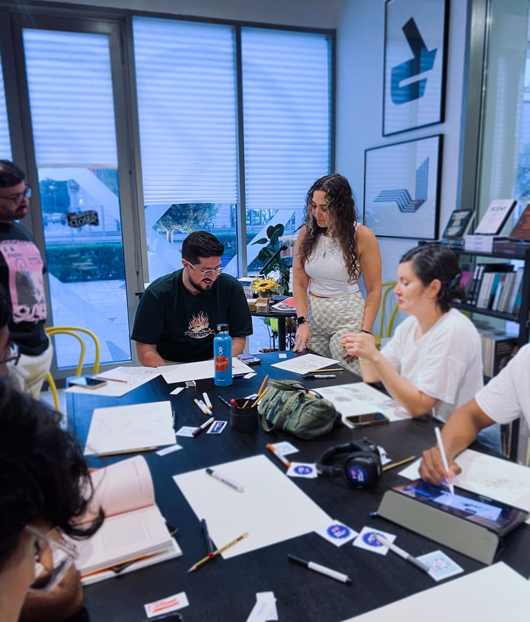 Judy hosting a Shu Neue meetup standing next to other designers and creatives