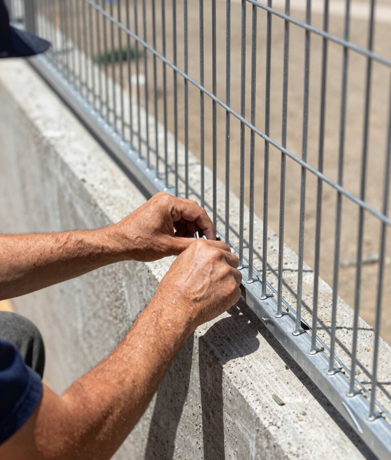 Close-up of a technician's hands installing heavy-gauge steel mesh exclusion barriers along a concrete foundation, bright California daylight, sharp focus, 35mm lens