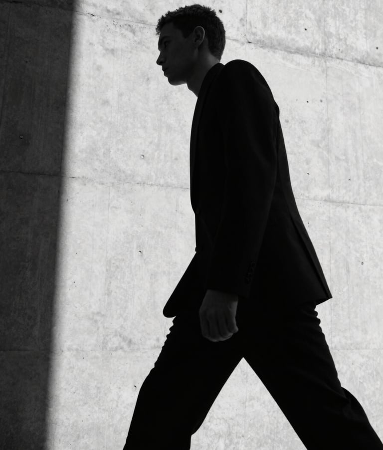 Low-angle wide shot of a model in motion, wearing a structured TEKTO garment, against a raw concrete wall with deep shadows, emphasizing the silhouette and architectural form, cold overcast daylight, high-contrast monochrome.