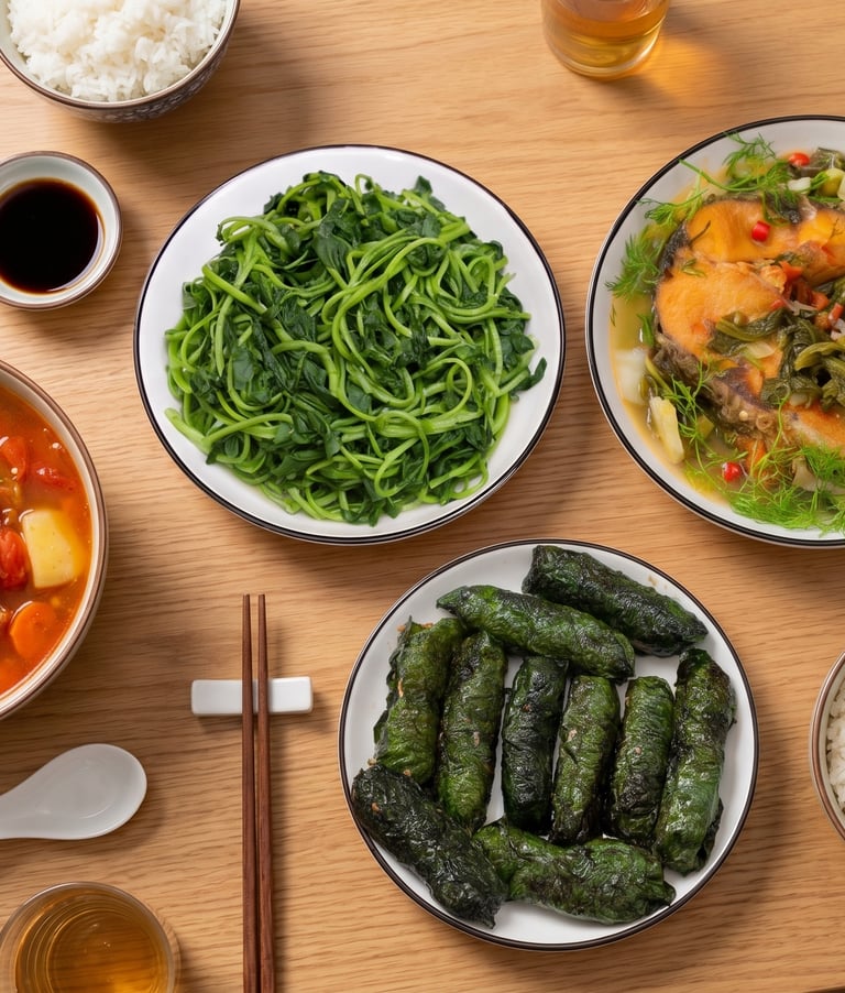 Thực đơn 3: Cá trắm om dưa + Chả lá lốt + Rau cải xoong luộc