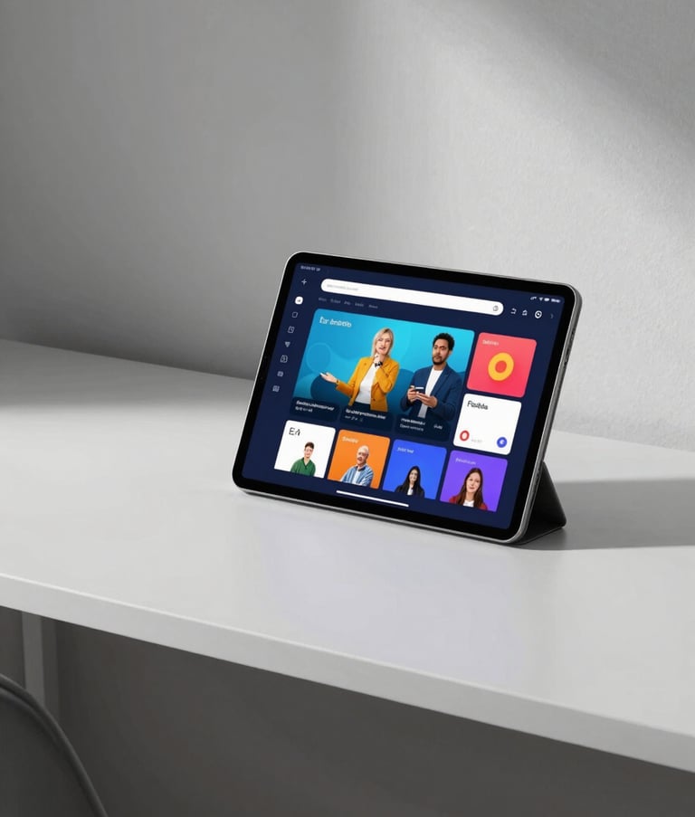 A horizontal wide shot of a minimalist workstation in a North American home office. A high-end tablet displays a vibrant, modern educational interface. The lighting is clean and professional with soft shadows.