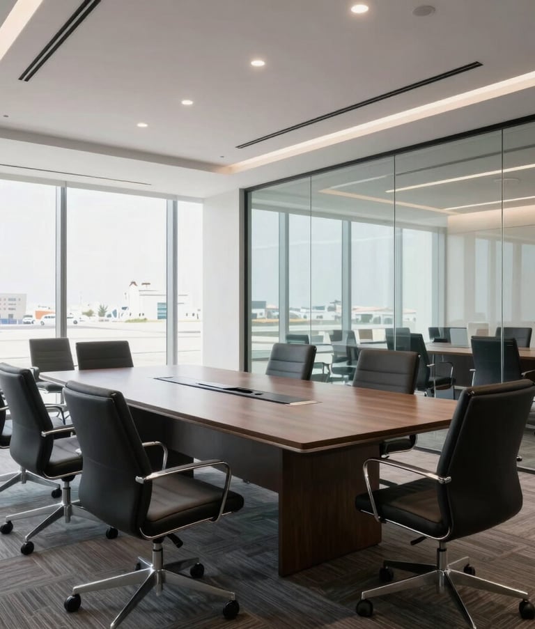 A wide shot of a bright, modern corporate boardroom in Ras Al Khaimah, featuring glass walls and high-end furniture. The lighting is crisp and professional, reflecting a clean Middle Eastern / Gulf business environment.
