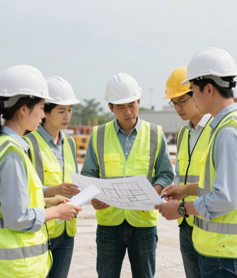 A group of professional engineers and project managers in high-visibility vests discussing architectural plans at a North American job site. Clean, professional lighting with white and pale blue tones.
