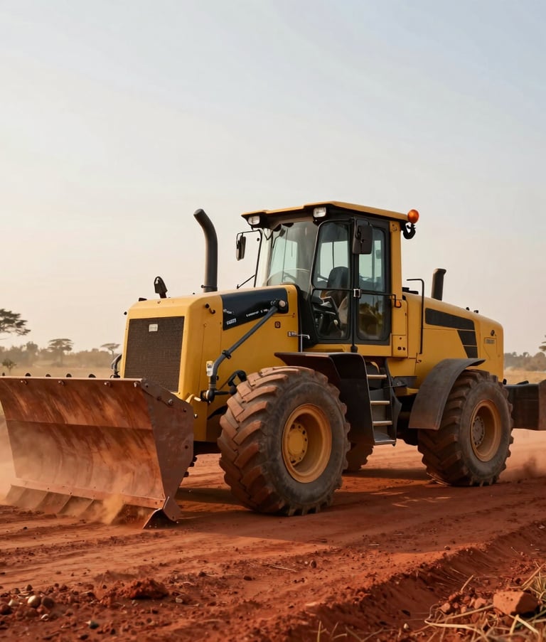 A yellow road grader leveling a red dust road in a Zimbabwean rural development site. Dust is rising in the golden hour light, showing a real-world, high-capacity construction operation.