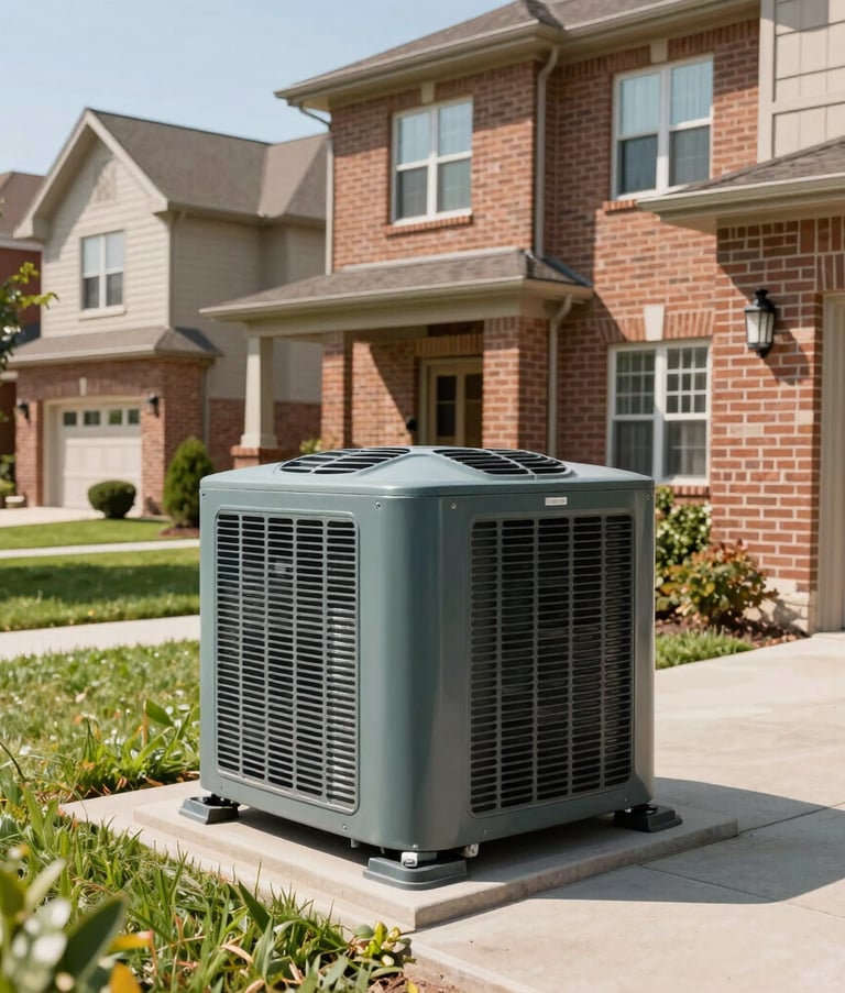 A wide shot of a modern, well-maintained residential HVAC outdoor condensing unit situated next to a stylish brick house in a suburban North American neighborhood during a sunny day. Professional, clean composition.
