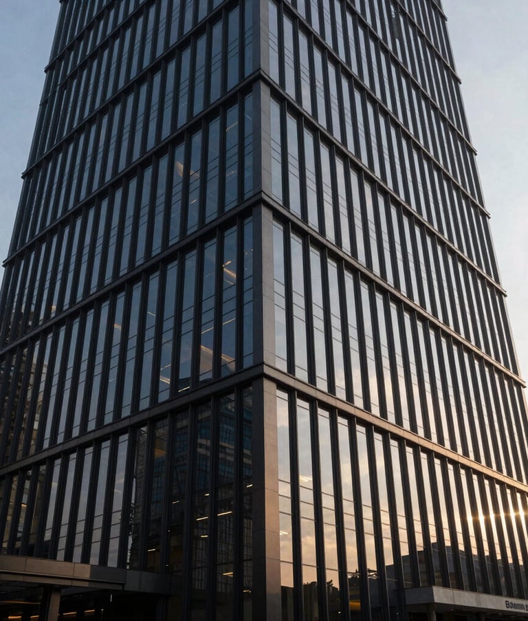 Photography of a sleek, modern commercial building in Bandung, Indonesia, with dark tinted glass windows reflecting the soft afternoon sun. The composition is a low-angle shot emphasizing professionalism and scale.