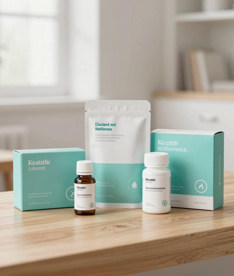 A professional, minimalist close-up of high-quality health and wellness kits arranged on a light wooden surface in a bright British home. The style is clean and sophisticated, using soft teal and white tones.