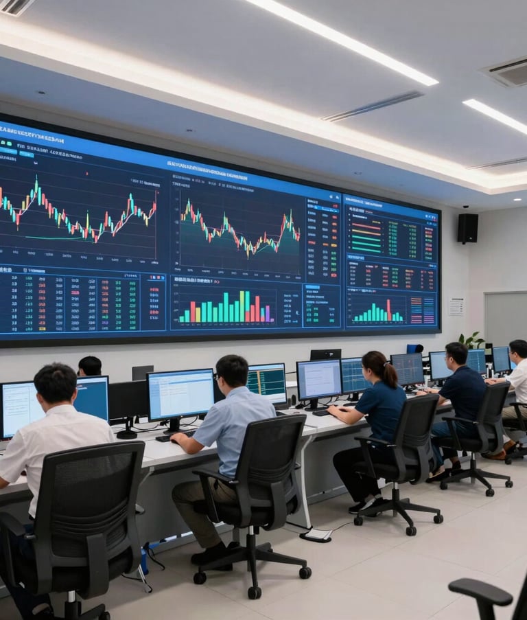 A wide-angle professional photograph of a modern enterprise control center in Almaty. Large screens on the wall display the fAInance dashboard with real-time predictive analytics and management charts. The atmosphere is secure and technologically advanced, featuring clean white and blue lighting.