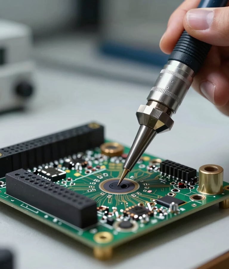 A detailed close-up of high-tech micro-soldering tools and a circuit board on a clean, professional workbench. The lighting is focused and clear, highlighting precision and technical reliability. Middle Eastern / Gulf workshop setting.