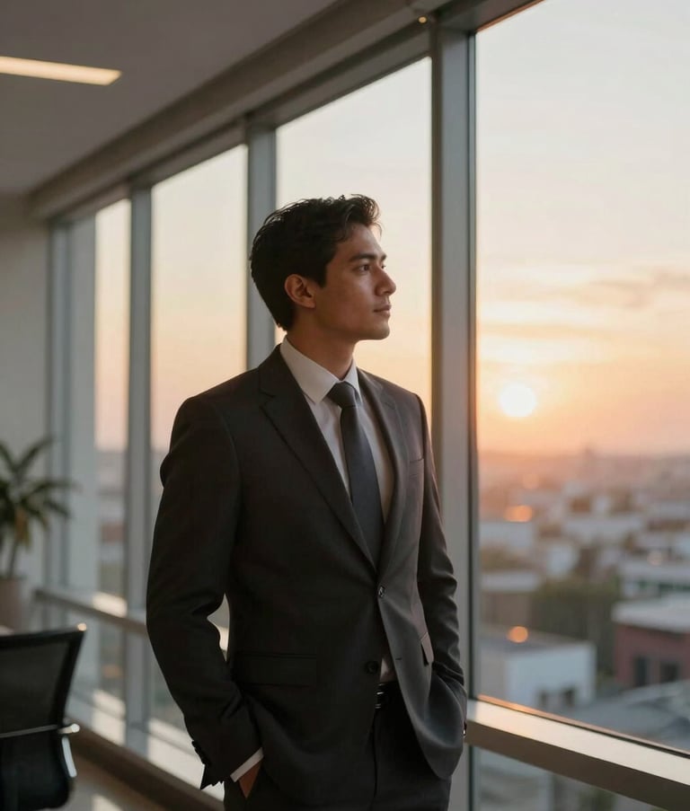 A relaxed property manager in business attire looking out of a large window in a sophisticated, clean office building in Mexico, warm sunset lighting, feeling of peace and accomplishment.