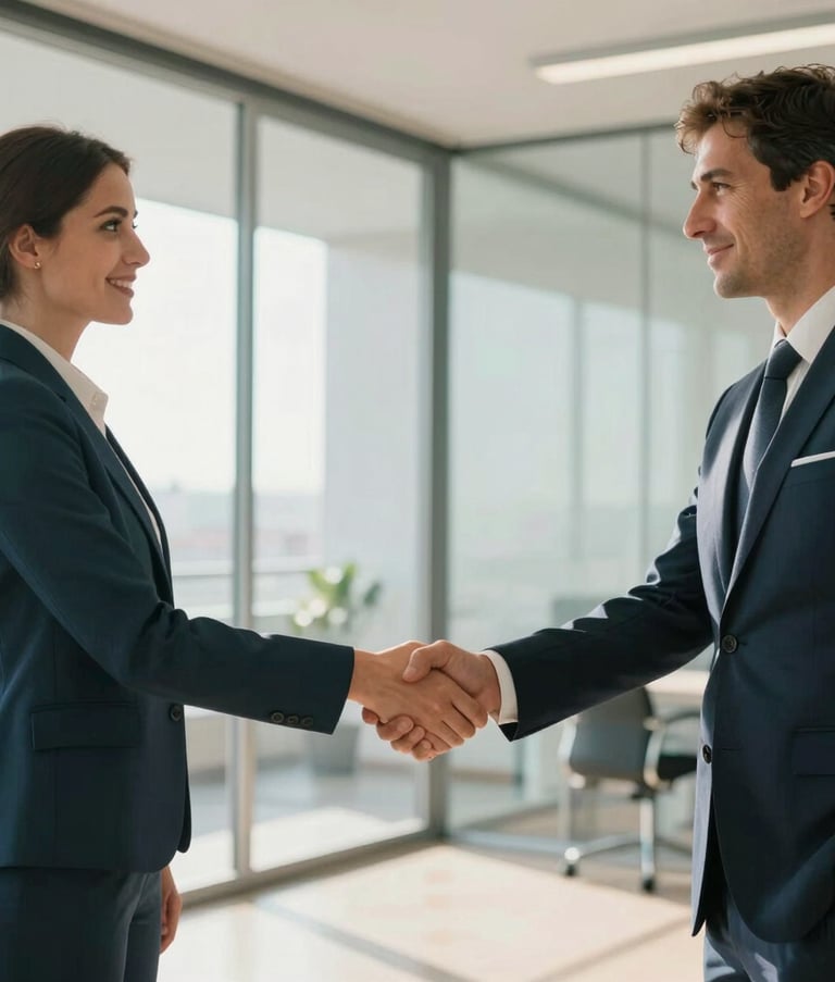 A wide shot of a professional handshake between two businesspeople in a bright Iberian office with glass walls. Professional attire, deep teal and tan color accents, soft sunlight, expressing trust and partnership.