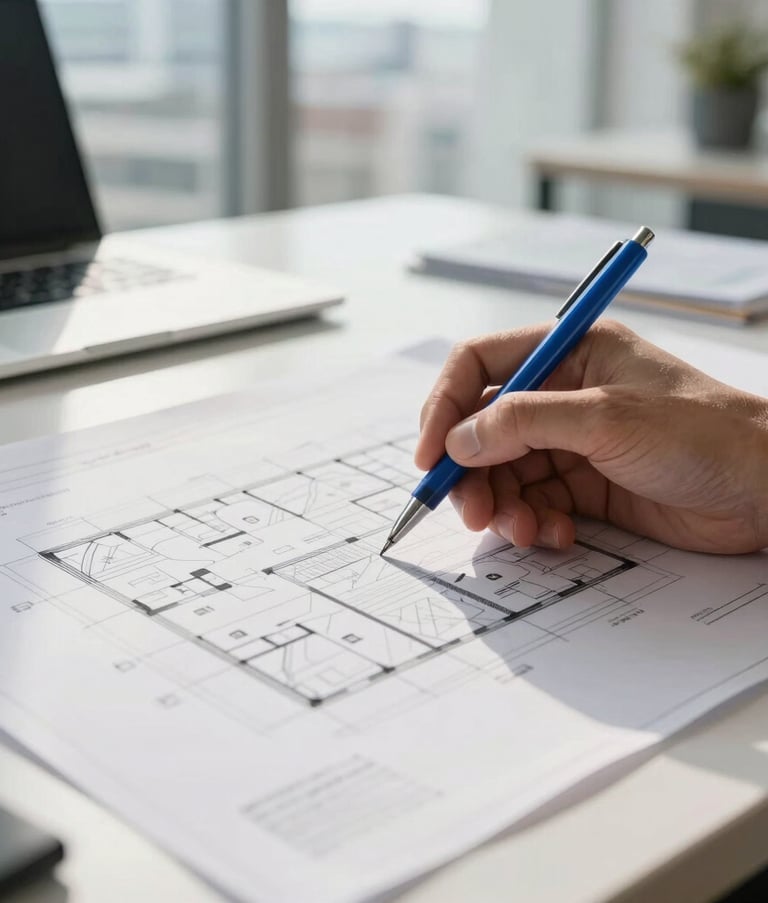 Close-up of professional architectural plans laid out on a clean desk in a bright office in a Latin American / Spanish-speaking city. An architect's hand is visible holding a steel blue pen, focusing on structural details. Soft, natural morning light, high-end professional feel.