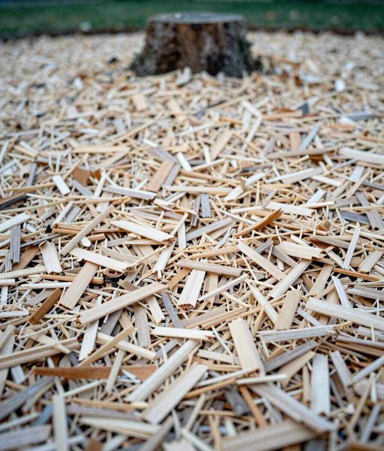 A close-up, low-angle shot of fresh cedar mulch and wood chips spread evenly over a level patch of ground where a stump was removed, soft morning light in a US suburban garden setting, sage and off-white tones.