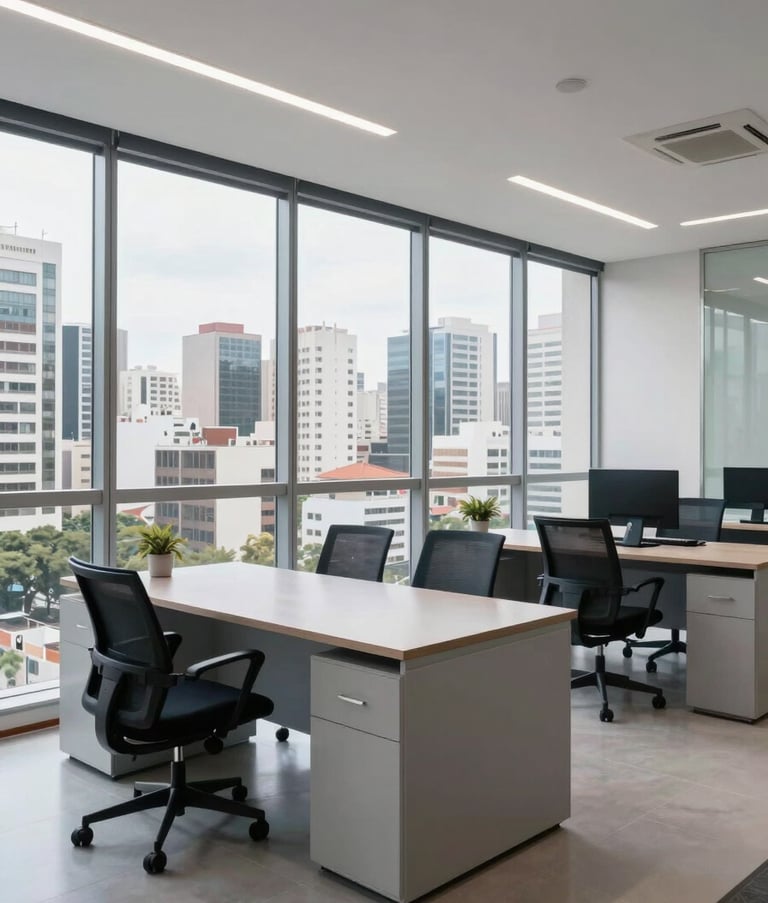 Wide shot of a modern, clean administrative office in a Brazilian business district. Large windows showing a cityscape. The interior features light gray and steel blue furniture. Professional and trustworthy atmosphere.