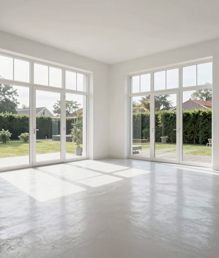 Wide shot of a pristine, minimalist Dutch living room with large windows. The surfaces are polished and the atmosphere is airy and clean, reflecting professional residential cleaning excellence.