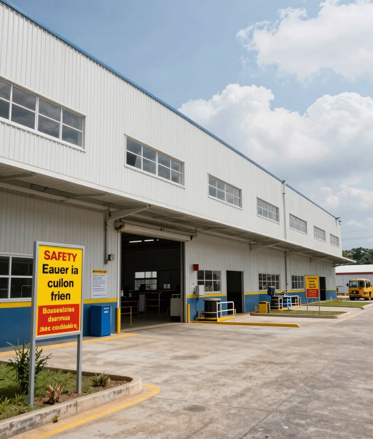 A wide-angle professional photograph of an industrial facility in Colombia, South America. The scene shows safety signage in Spanish and clean, organized workspaces under bright daylight, reflecting a modern and safe industrial environment.