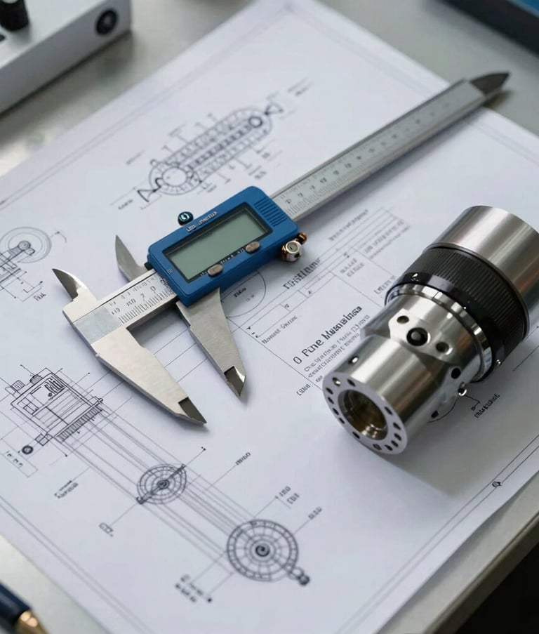 A top-down detailed photography of a professional engineering workspace in Pune. Technical blueprints are spread across a platinum-colored desk alongside a steel blue digital caliper and a finished metallic component. The lighting is crisp and modern, emphasizing precision and functionality in a South Asian / Indian professional environment.