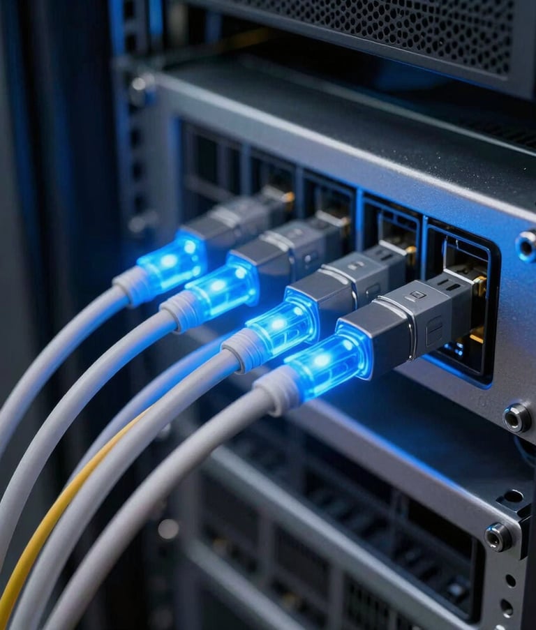 Close-up photography of high-quality fiber optic cables glowing with blue light as they connect into a modern server rack. The setting is a clean, professional data center with steel and glass textures, emphasizing speed and technological precision.