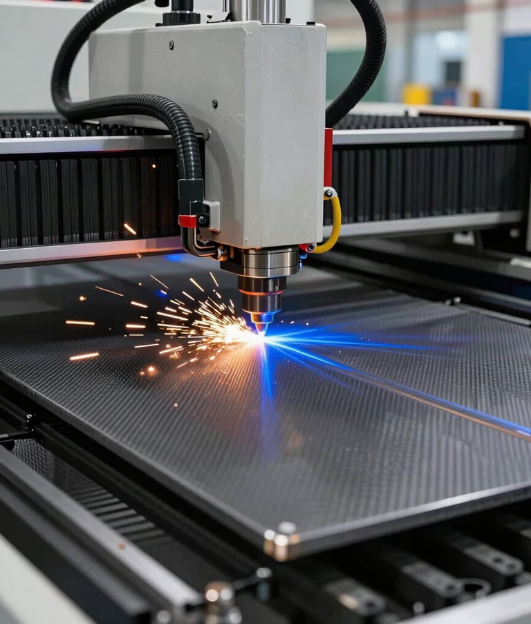 High-precision industrial laser cutting machine working on a carbon steel plate, bright sparks and blue light effects, modern industrial setting, South American / Brazilian factory floor, professional photography style.