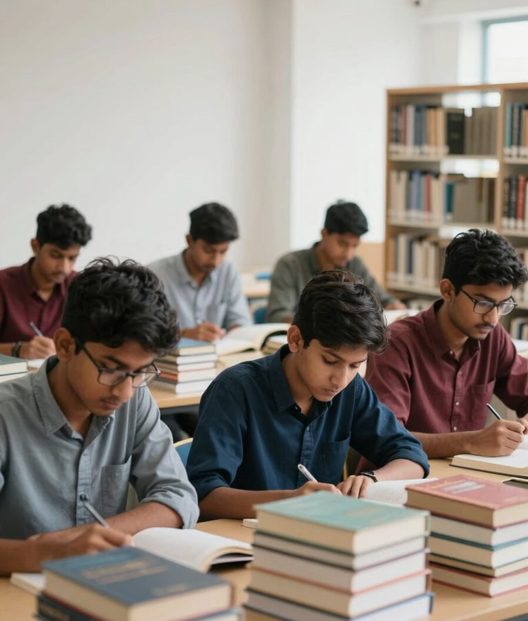 A group of South Asian / Bangladeshi students studying intently in a bright, minimalist modern library, surrounded by stacks of academic books, soft natural lighting, conveying a professional and focused atmosphere.