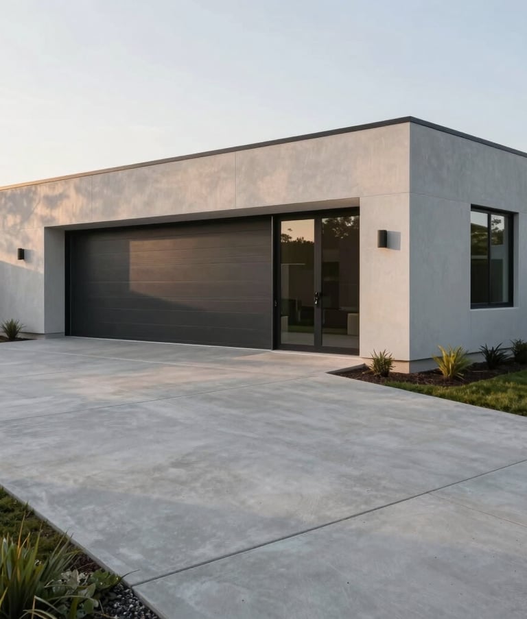 Architectural photography of a modern, minimalist North American / US residential home featuring a expansive, perfectly poured light gray concrete driveway and walkway. Sharp lines and clean textures in soft morning light.