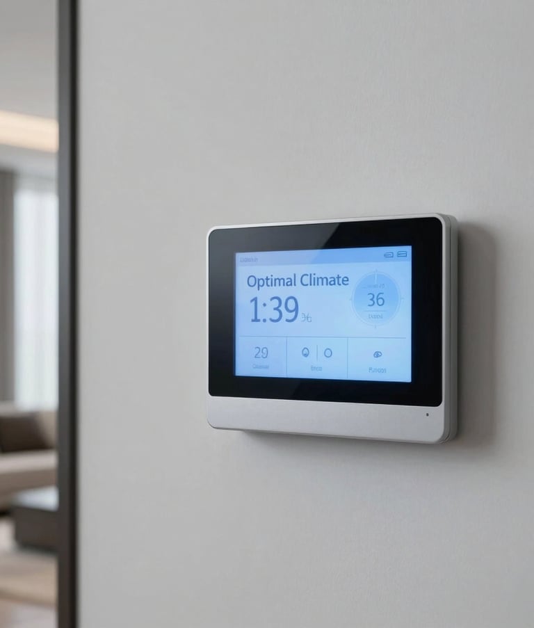 A futuristic digital wall-mounted thermostat showing an 'Optimal Climate' status in a minimalist Miami luxury home. The lighting is cool and airy, with soft pale blue reflections on the glass screen. North American / US (Miami) interior design.