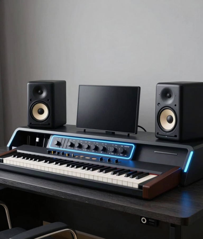 A minimalist photography shot of a sleek, dark music production desk featuring high-end studio monitors and a synthesizer. The setup is glowing with light blue neon accents in a clean, sophisticated European home office.