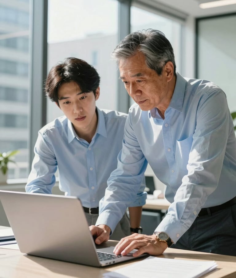 A photography shot of a mentorship session in a sun-drenched, modern North American urban office. A seasoned professional and a younger individual are looking at a sleek laptop together, sharing a moment of insightful connection. Palette includes light blue and off-white.
