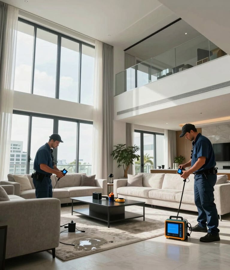Wide-angle photography of a modern South Florida / US living room undergoing water extraction. Professional technicians in clean uniforms are setting up moisture detection sensors. The room features high ceilings and contemporary architecture, illuminated by bright daylight, symbolizing recovery and trust.