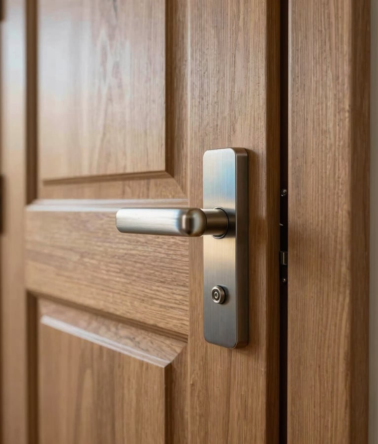Close-up architectural photography of a high-end, modern wooden door with a sleek brushed-metal handle. Soft natural morning light in a North American / US residential setting. High-quality craftsmanship and textures highlighting the rich grain of the wood. Gold and pale blue tones.