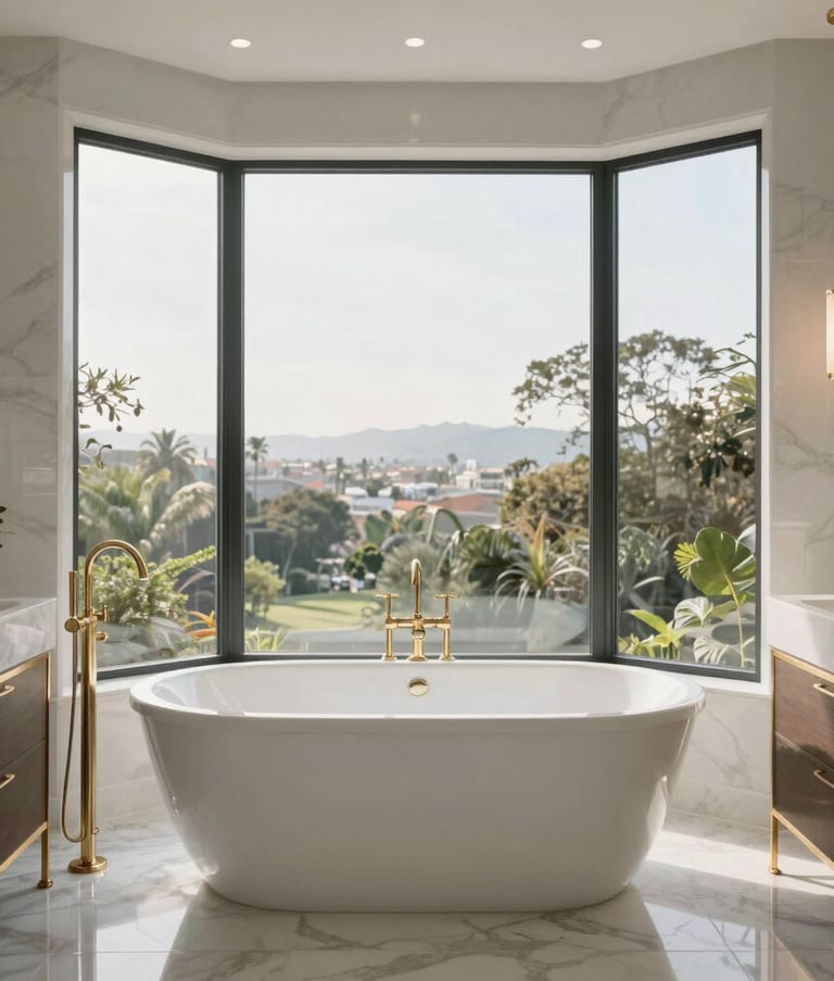 Wide-angle luxury bathroom in a Los Angeles home featuring a freestanding white soaking tub, floor-to-ceiling windows with soft light, and elegant gold accents, modern North American / US interior design style.
